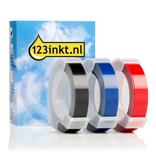 123inkt huismerk reliëftape vervangt Dymo 9 mm reliëftape multipack (wit op zwart, wit op rood, en wit op blauw)  089267 - 1