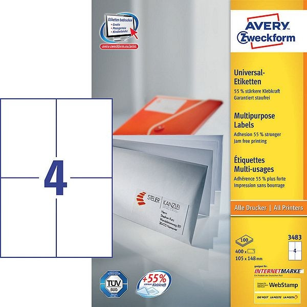 Avery Zweckform 3483 universele etiketten 105 x 148 mm wit (400 etiketten) 3483 212000 - 1