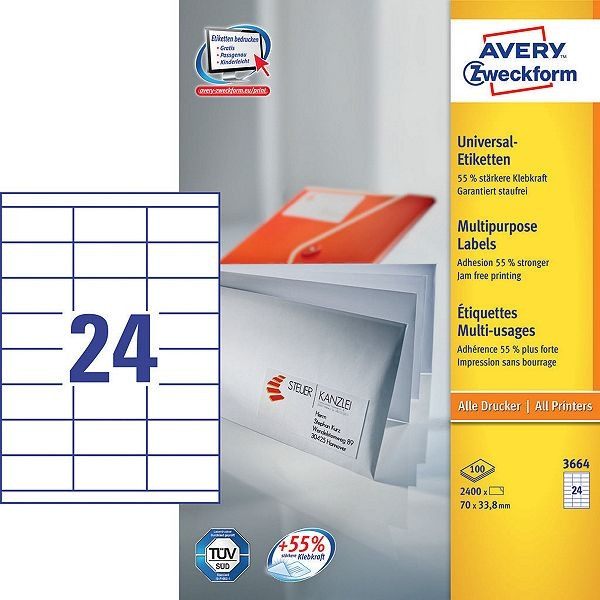 Avery Zweckform 3664 universele etiketten 70 x 33,8 mm (2400 etiketten) 3664 212490 - 1