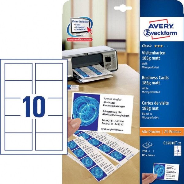 Avery Zweckform C32010-25 visitekaarten satijn wit 85 x 54 mm (250 stuks) microperforatie C32010-25 212780 - 1