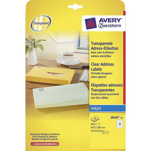 Avery Zweckform J8560-25 transparante etiketten 63,5 x 38,1 mm (525 etiketten) J8560-25 212542 - 1