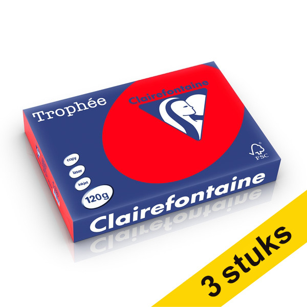 Clairefontaine Aanbieding: 3x Clairefontaine gekleurd papier koraalrood 120 g/m² A4 (250 vellen)  340033 - 1