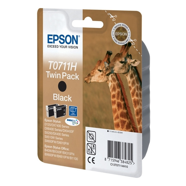 Epson T0711H inktcartridge zwart hoge capaciteit dubbelpak (origineel) C13T07114H10 902535 - 1