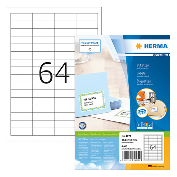 Herma 4271 Premium etiketten A4 48,3 x 16,9 mm wit permanent hechtend (6400 etiketten) 4271 230467 - 1