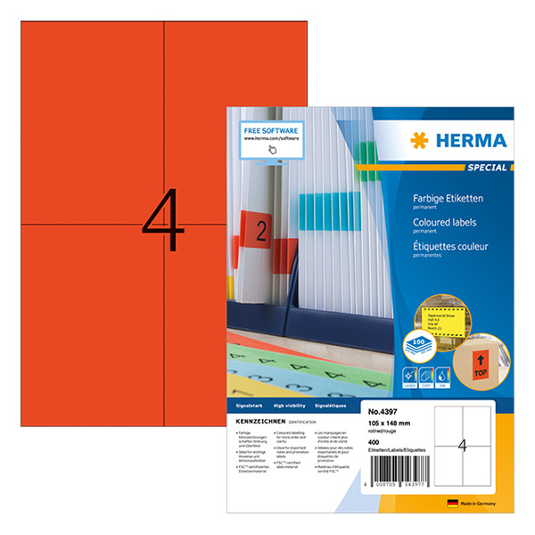 Herma 4397 gekleurde etiketten A4 105 x 148 mm rood permanent hechtend (400 etiketten) 4397 230482 - 1