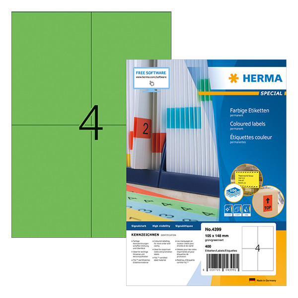 Herma 4399 gekleurde etiketten A4 105 x 148 mm groen permanent hechtend (400 etiketten) 4399 230484 - 1