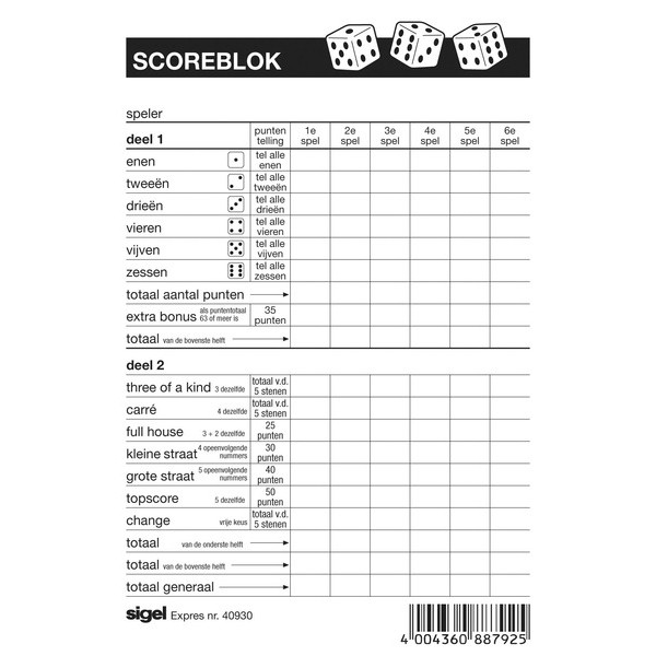 Sigel yahtzee scoreblok 105 x 148 mm (100 vel) SI-40930 208578 - 1