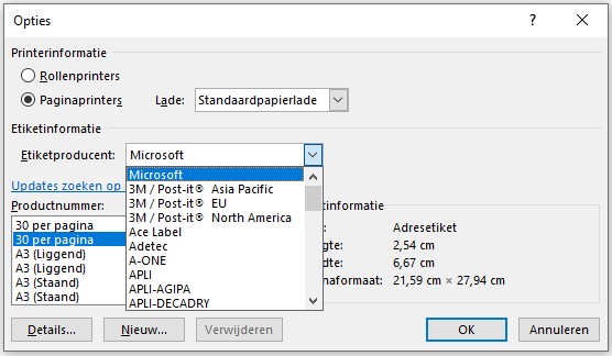 Screenshot van een optie om de etiketproducent en een sjabloon te kiezen in Word